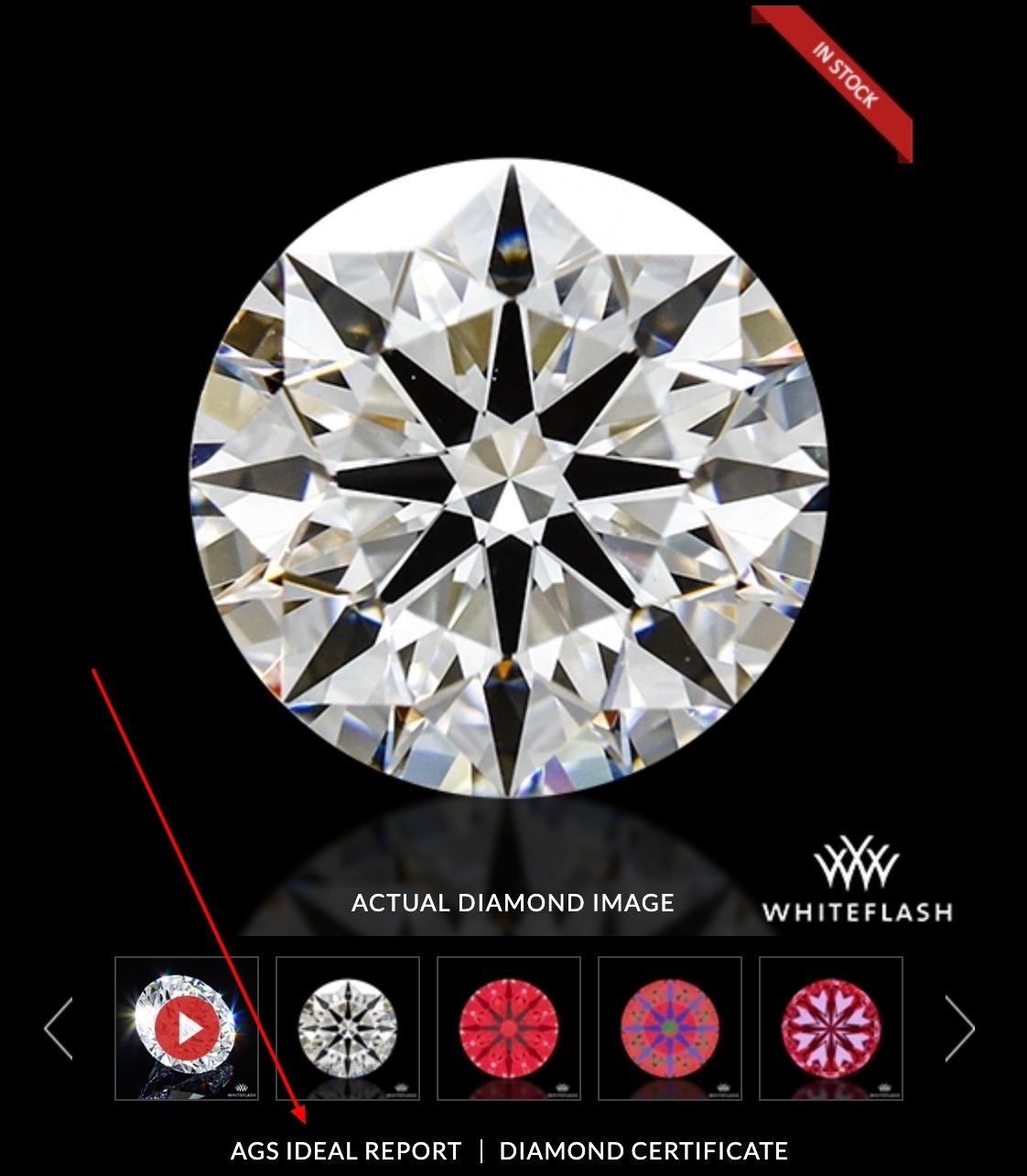 Example of a Whiteflash diamond detail page showing where to access the AGS Ideal Report link below the main diamond images.